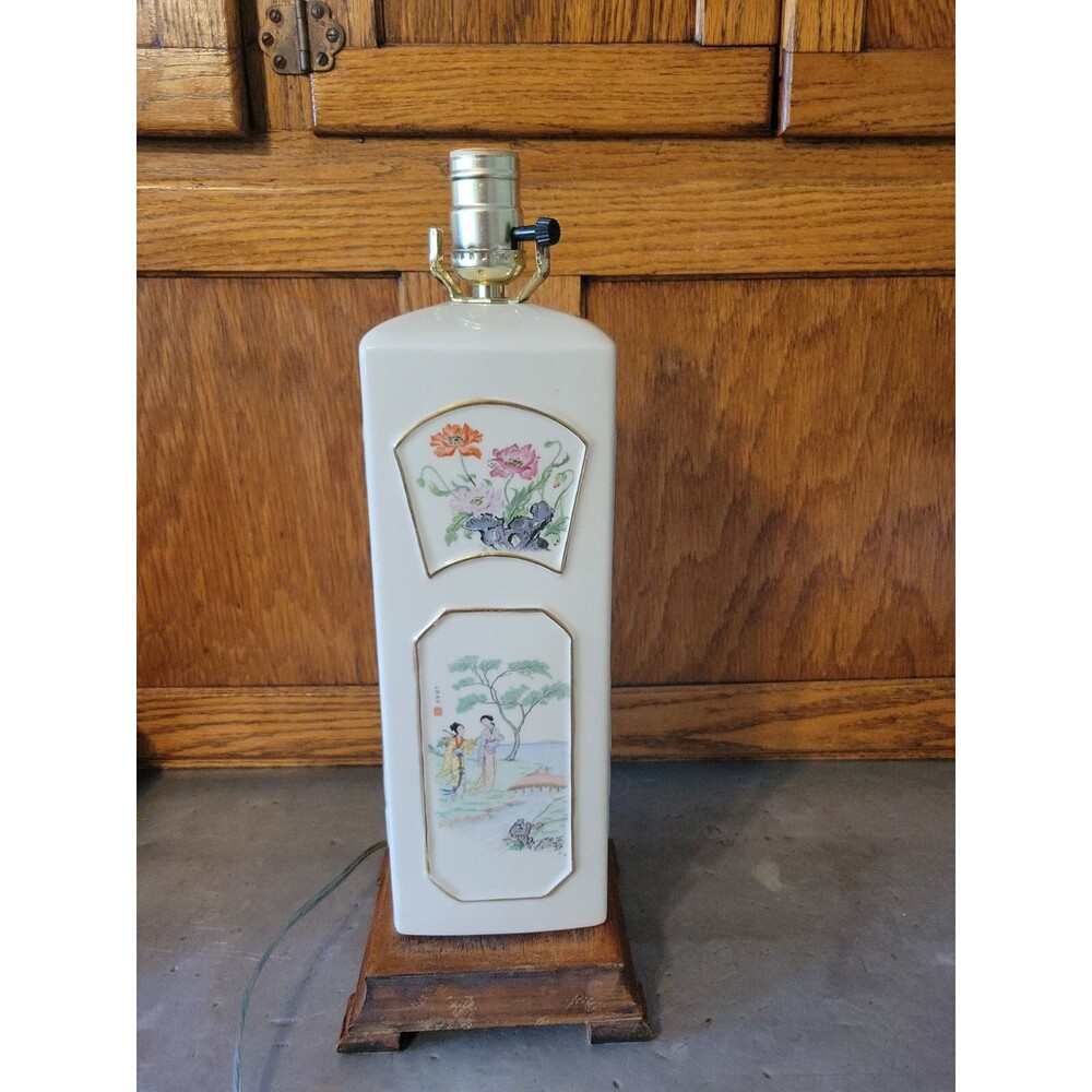 Cream Ivory Chinese Porcelain Lamp w Traditional Raised Panels circa 1950 Vtg
